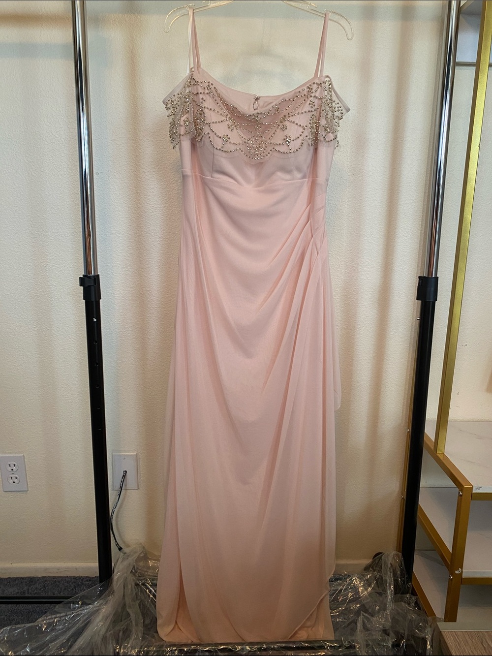 Size 10 Elegant Blush Pink Beaded Dress with Spaghetti Straps
